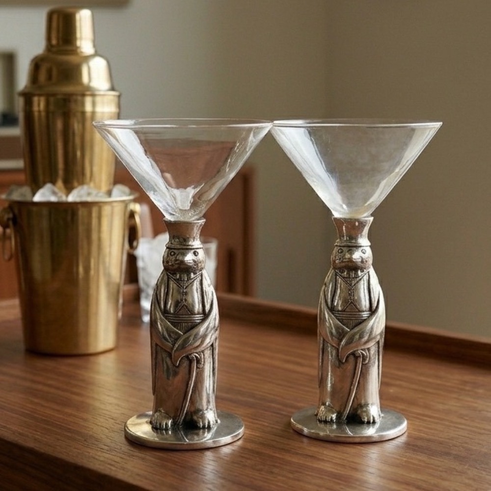 Towle‎ Silver Plated Tuxedo Penguin Martini Glasses Set of 2 MCM